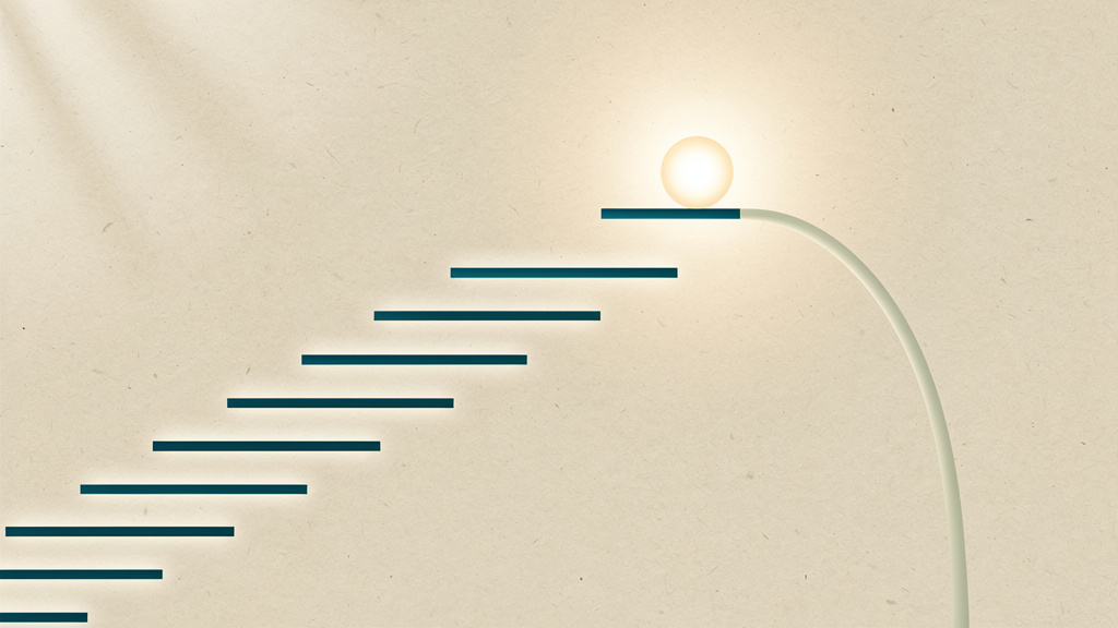 A staircase of steps climbs steadily toward a single glowing point at the top, but just past that brightest step the path does not keep rising: it curves sharply back downward, showing a number that stops helping once it climbs too high.