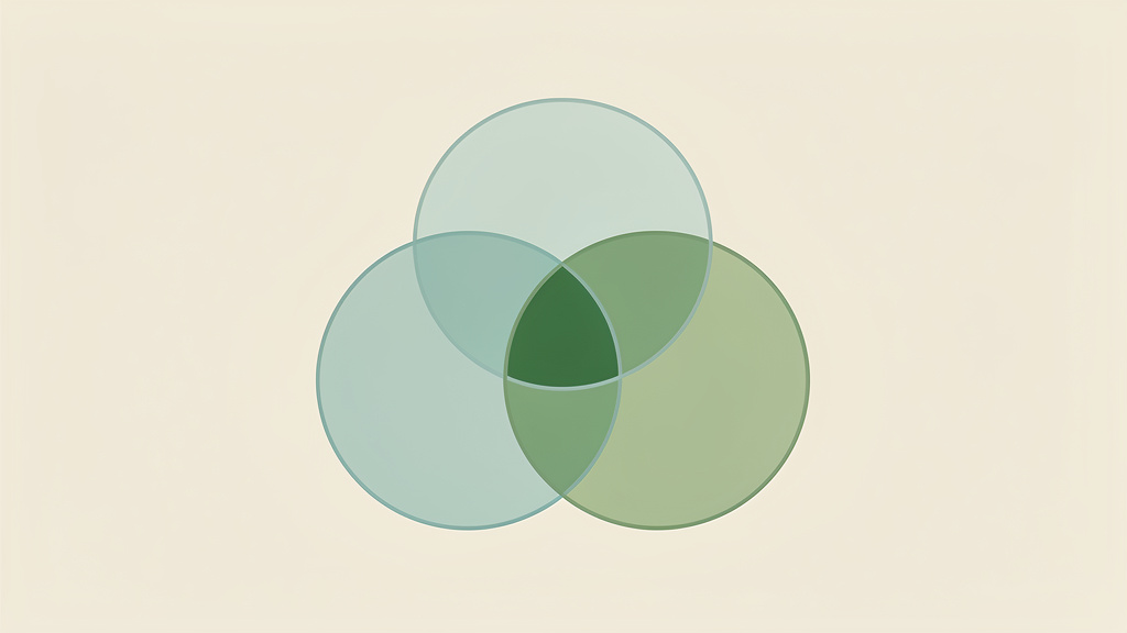 Three overlapping teal circles on a warm bone field, their shared regions shaded in matcha, an abstract image of estimates that overlap rather than simply add together.