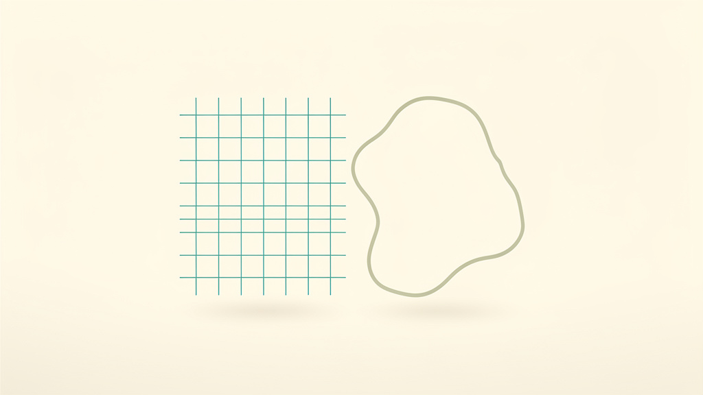 A precise teal grid beside a looser sage outline of similar size, only partially aligned, an abstract image of two different ways of measuring the same thing.