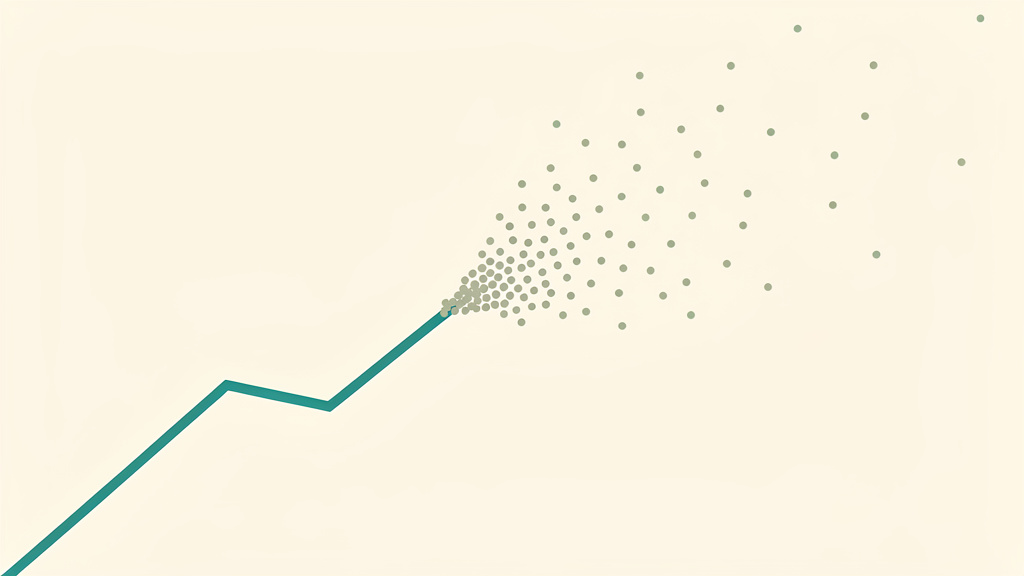 A confident line rising steadily breaks apart into a scatter of drifting, disconnected dots before it reaches the top: a strong trend that never completes its arc.