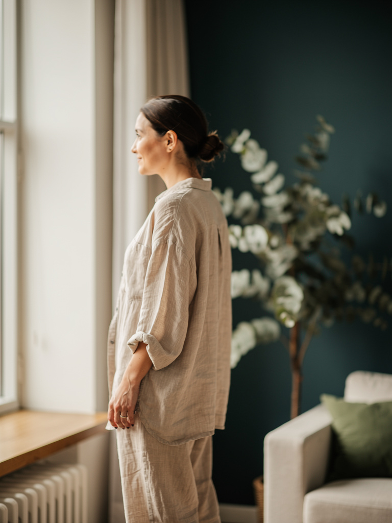 A calm, composed adult standing in soft side light by a large window in a warm, minimal bone and teal room, looking quietly restored.