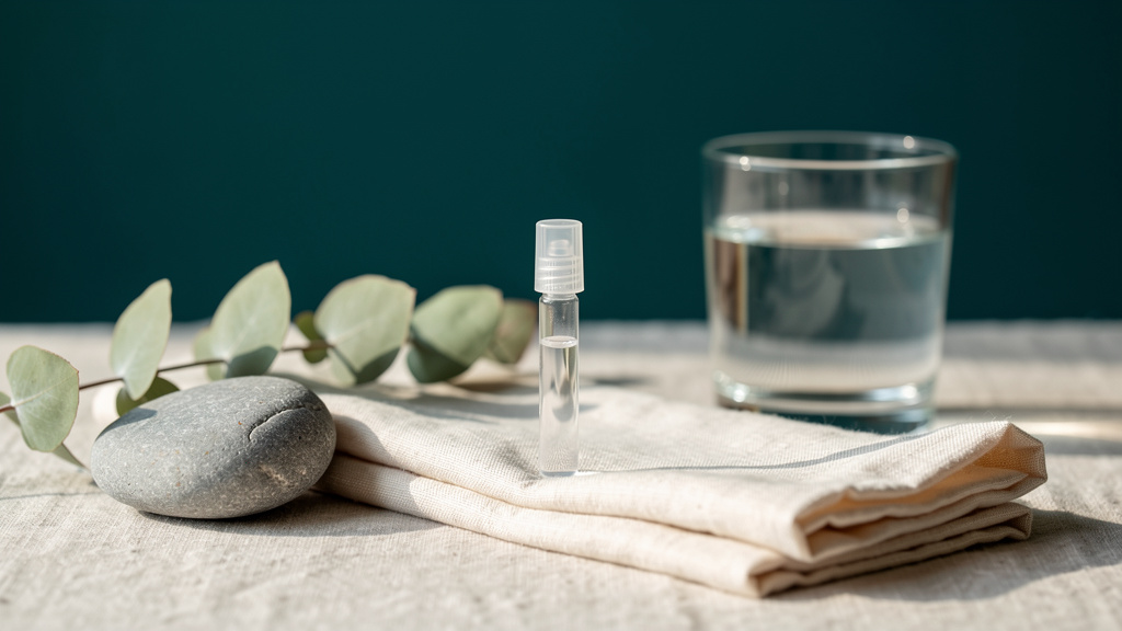 A minimal at-home health kit on a bone linen surface in soft daylight, with a sample vial, a folded cloth, a stone, eucalyptus and a glass of water against a deep teal wall.