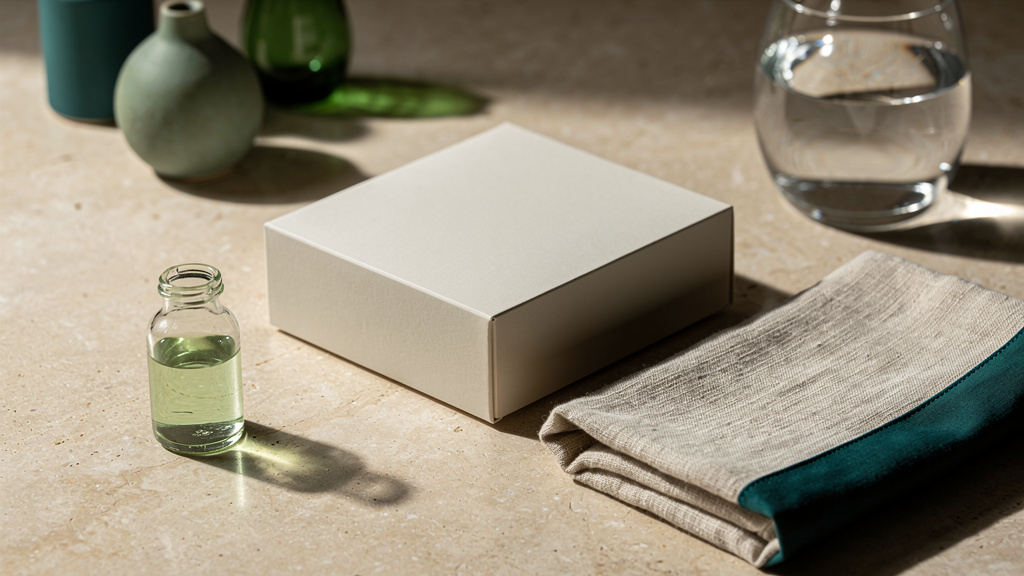 A calmly styled at-home optimization kit, a folded towel, and a glass of water on a bone-colored surface in soft daylight, suggesting concierge care delivered to the home.