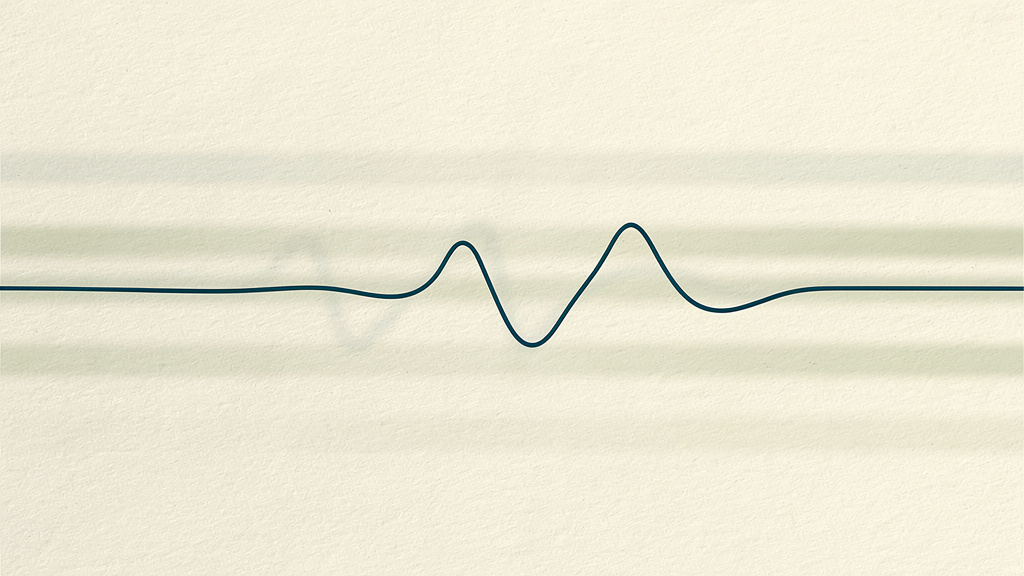 An abstract bone-colored field crossed by a single fine teal line pulsing at uneven intervals, with soft matcha echoes layered behind it.