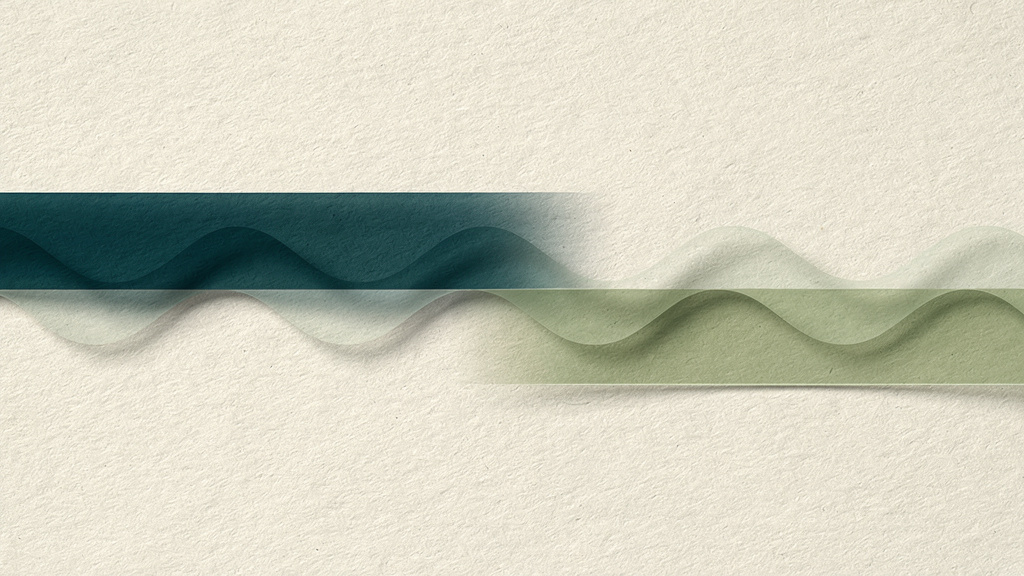 Two translucent layered bands in teal and matcha overlapping on a bone ground, offset so their rhythms do not align.