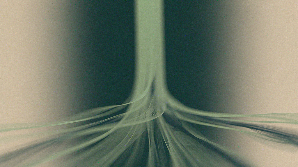 A smooth bone-to-deep-teal gradient field with a single tall matcha column softly dissolving into many gentle streams, one rigid quota giving way to a wider, quieter flow.
