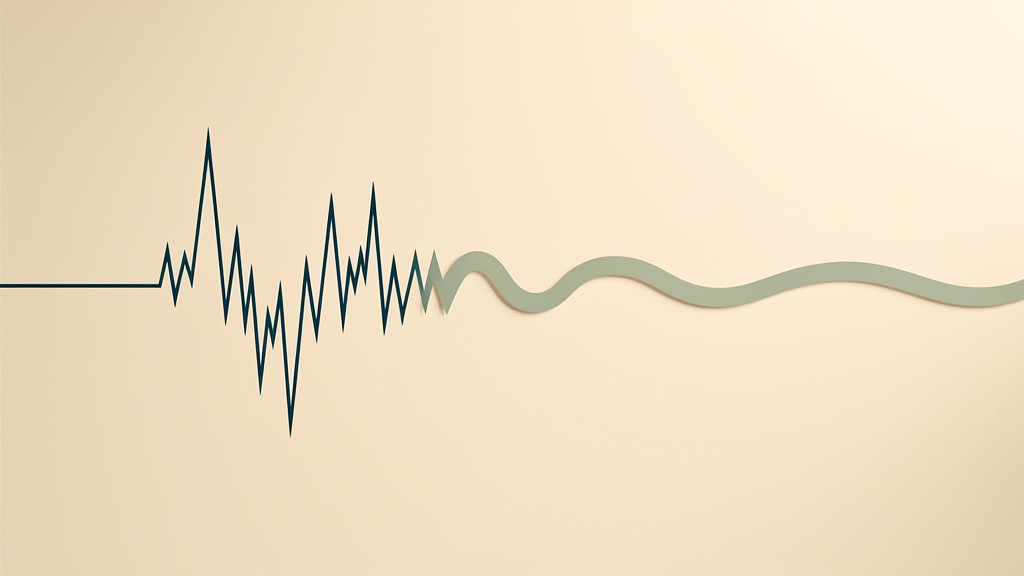 A jagged, sharply spiking line on the left gradually smooths into a calm, steady flowing line on the right: growth hormone's erratic pulses settling into the steadier signal that IGF-1 sends back.