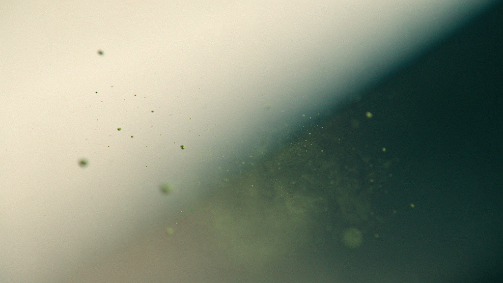 A calm, abstract bone-toned interior atmosphere with the faintest suspended matcha motes drifting through a soft shaft of deep teal light, the invisible air made barely visible as a quiet presence in a still room.