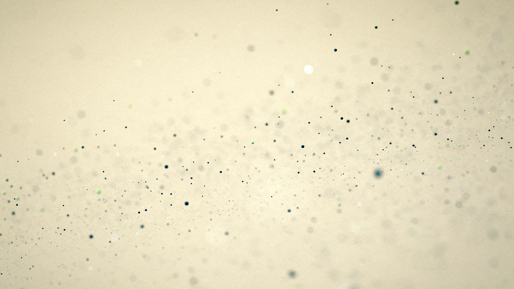 An abstract field of tiny matcha and teal motes suspended across a soft bone ground, a few catching the light, particles far too small for the eye to find.