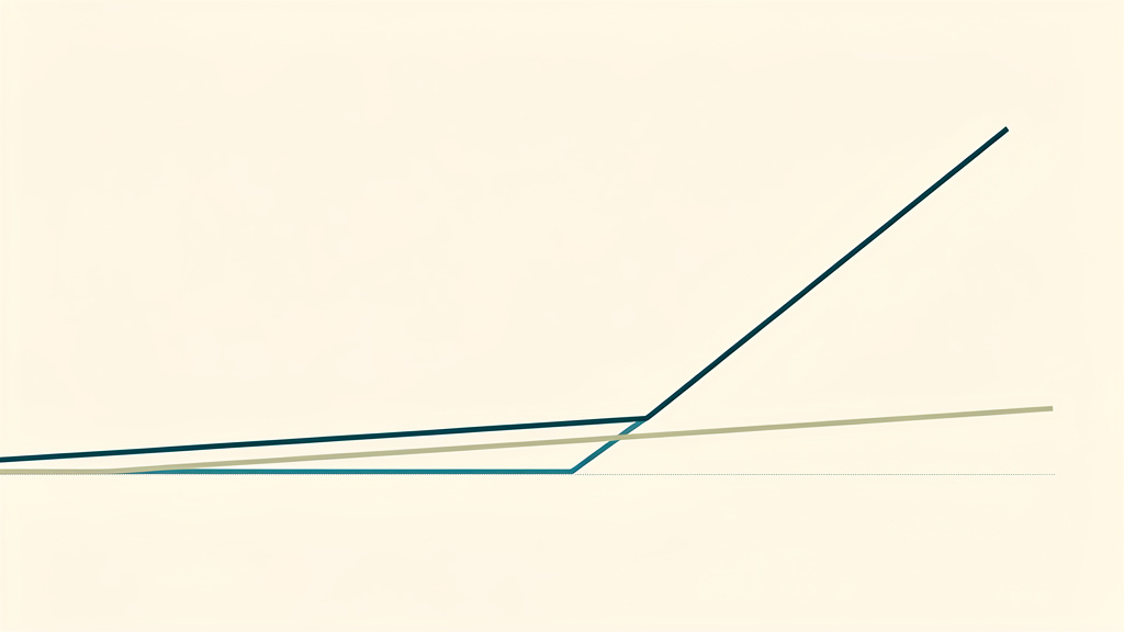 Two slender abstract lines drawn across a warm bone-white field: one line, in teal, is already climbing at a steep angle; a second line, in quiet sage, still runs flat and level beside it. The divergence between the two lines is the entire composition, rendered as a calm, minimal abstraction with no text, numerals, people, or signature marks.