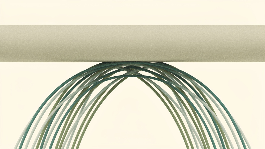 An abstract sage and bone form holding a level, steady line across the top, while a bundle of finer teal supporting strands beneath it visibly strain and bow under the load, an abstract picture of quiet effort holding a steady result in place.