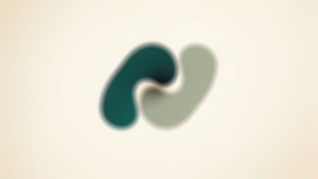 Two distinct abstract markings, one teal and one sage, shown fused into a single paired form on a bone-white ground, legible together as one shape in a way that neither mark is on its own, an abstract picture of two readings read as a pair.