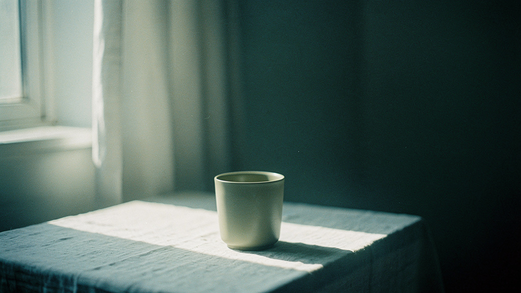 Soft morning light falling across a calm, simple room and a single ceramic cup.