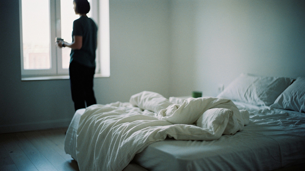 A person at a tall window in soft early light, holding a cup, beside an unmade bed.