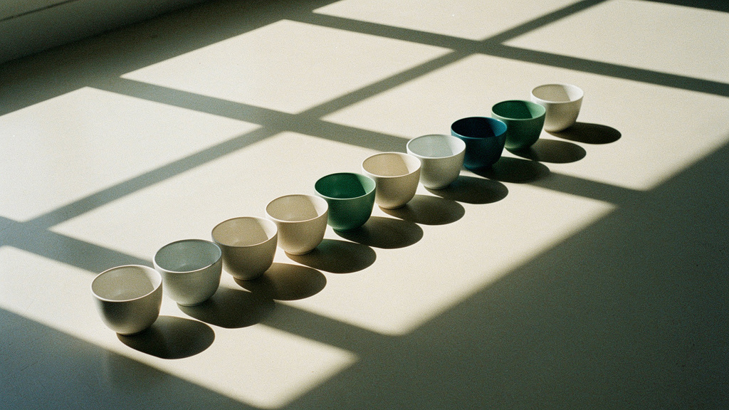 A row of identical pale cups in clean directional light, casting soft, repeating shadows.