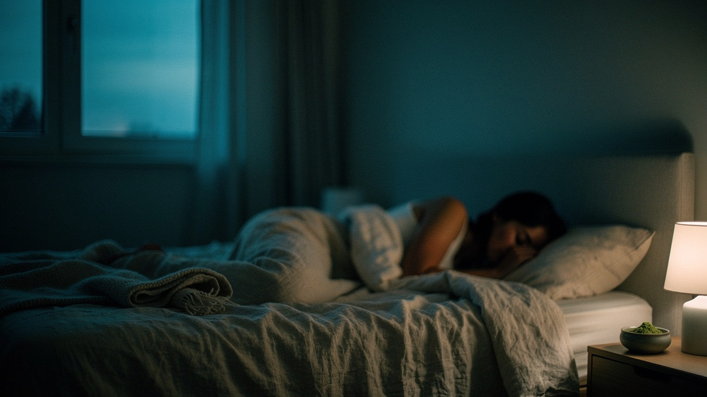 A calm bedroom at dusk lit by a single low lamp, the last cool light at the window.