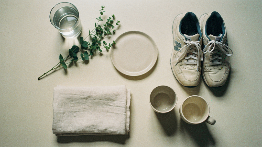 An overhead arrangement of everyday wellbeing objects: water, greenery, walking shoes, a plate, folded linen and two cups.
