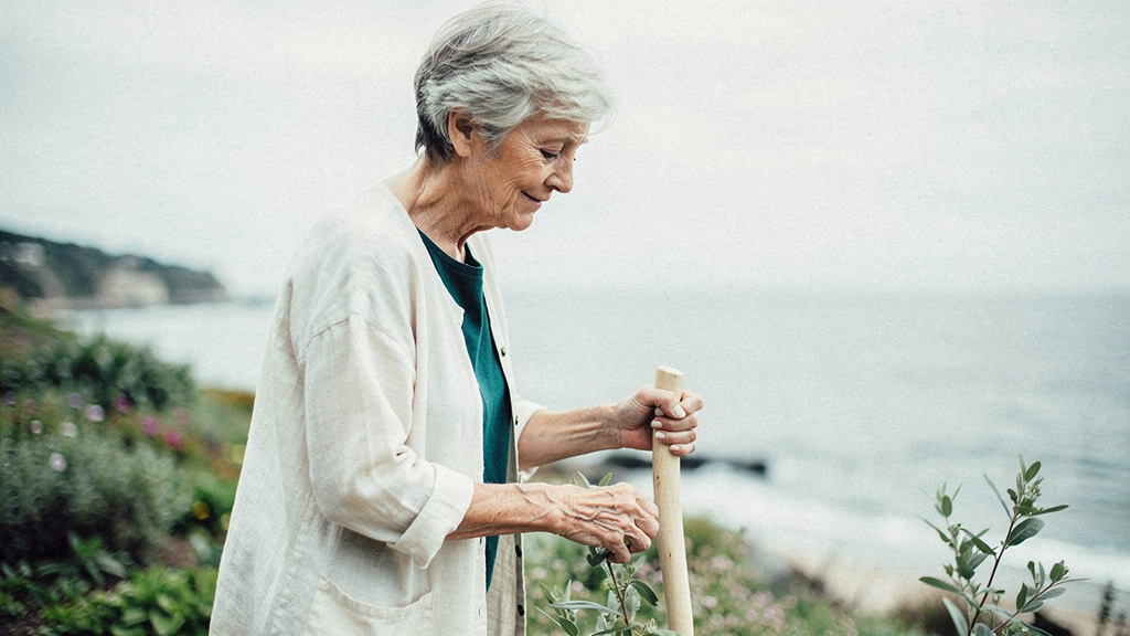 An older person outdoors, capable and at ease, in clean daylight.