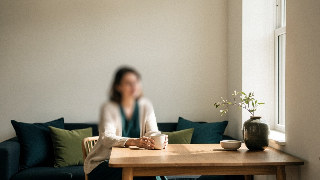 A warm, considered interior with a tall window and a softly out-of-focus figure at a table with a cup.