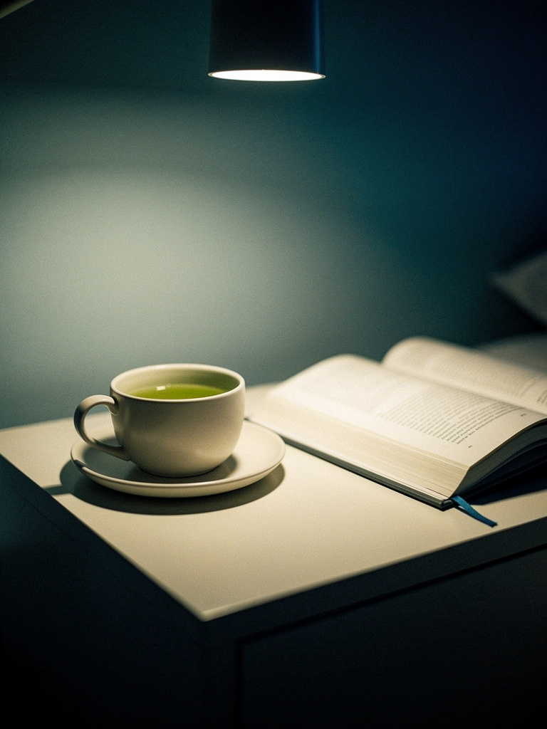 A cup and an open book on a bedside table under a single soft low light, no screen in sight.