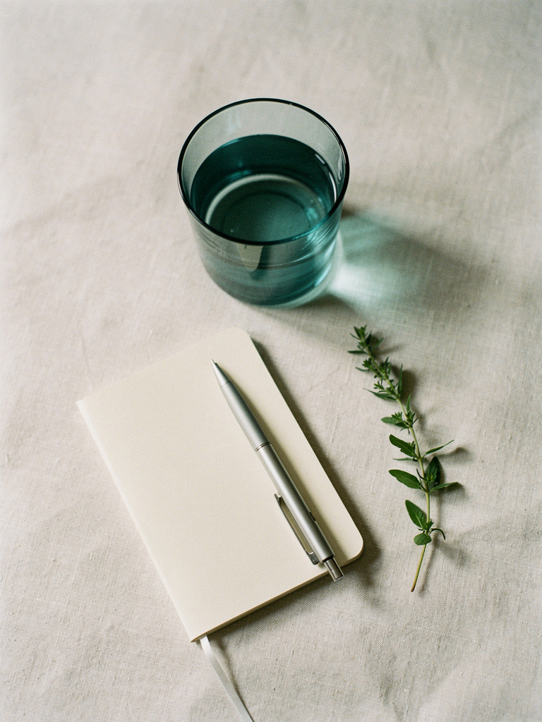A clean overhead still of a glass of water, a small notebook, a pen and a sprig of green herb on bone linen.