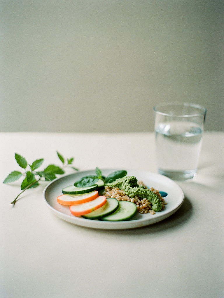 A simple, balanced plate of fresh whole food beside a glass of water and a sprig of green.