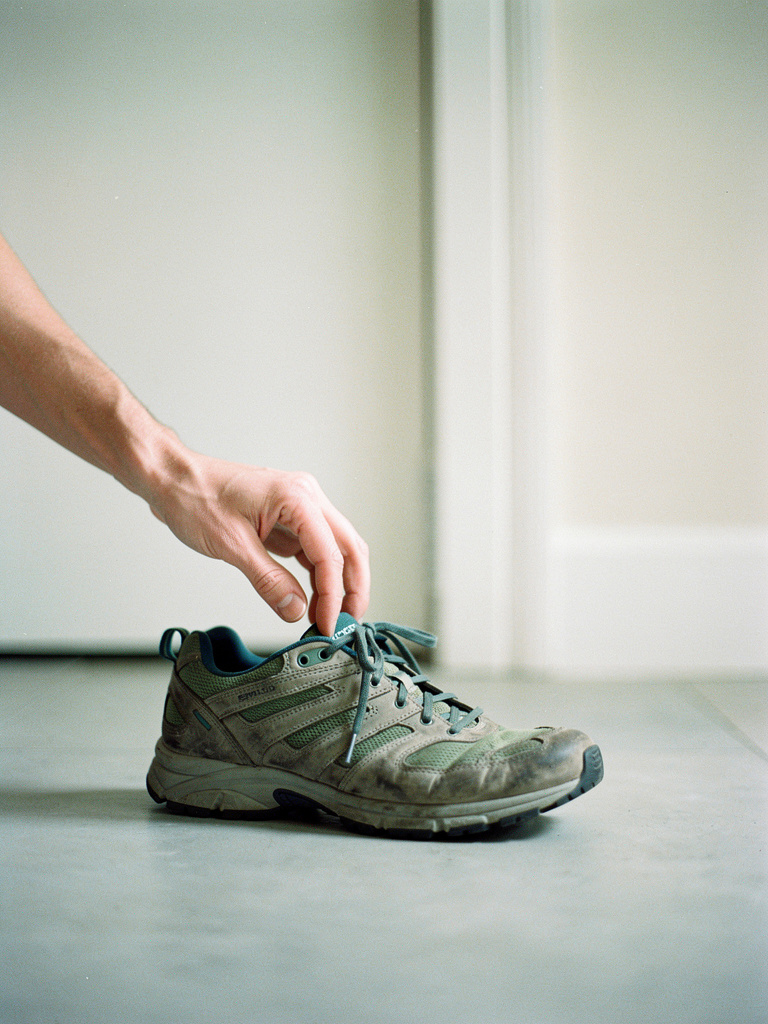A hand placing a single well-worn walking shoe by a door in clean morning light.