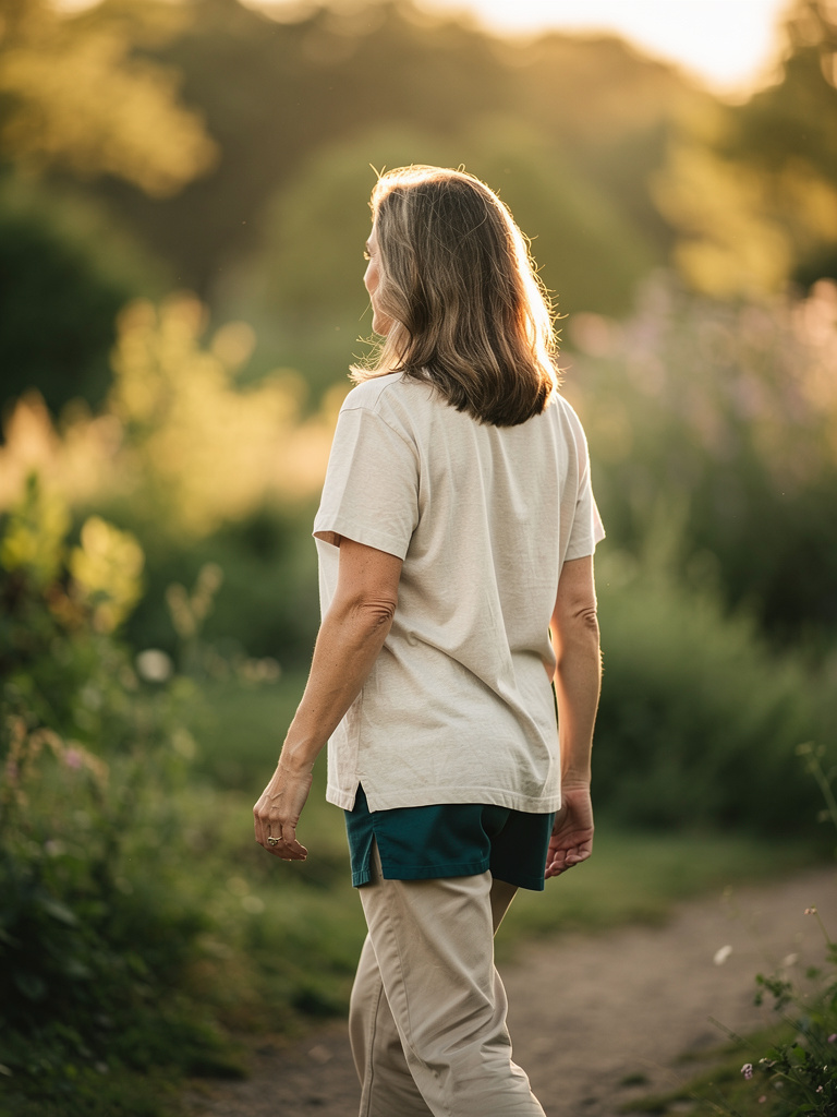 A vital, healthy adult walking outdoors at golden hour in soft natural light, seen from behind in a green natural landscape, suggesting healthspan.