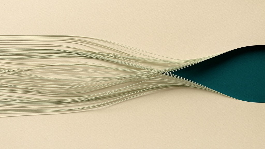 Many fine matcha threads entering a warm bone field from one edge and thinning before they cross, a soft deep-teal shortfall opening on the far side, an abstract image of daily intake falling short of what the body draws down.