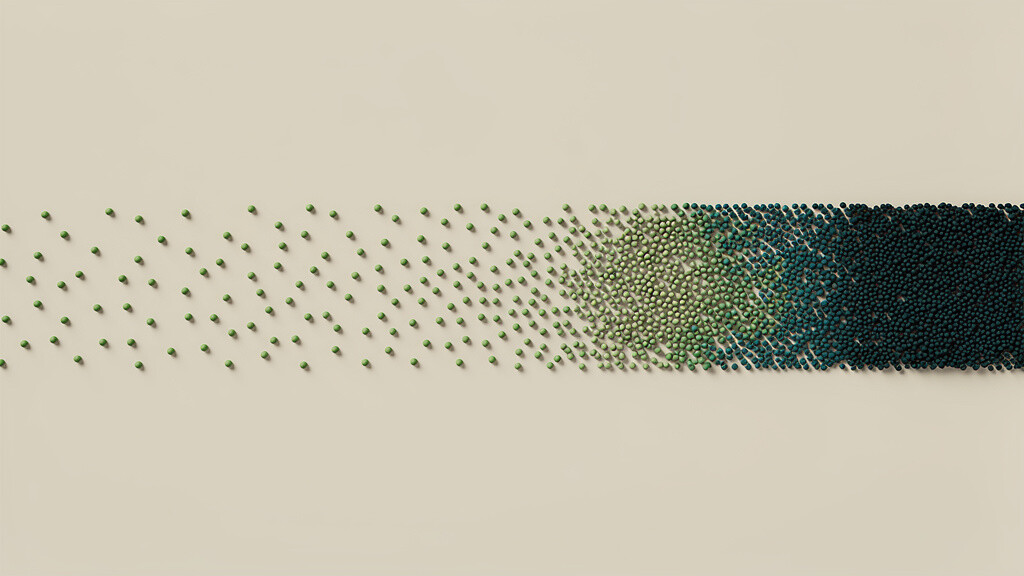 The same scattering of soft matcha points shown twice on a bone field, loose and spread wide on one side, gathered into a single denser band within a narrower span on the other, an abstract image of a day's food drawn into one consistent window.