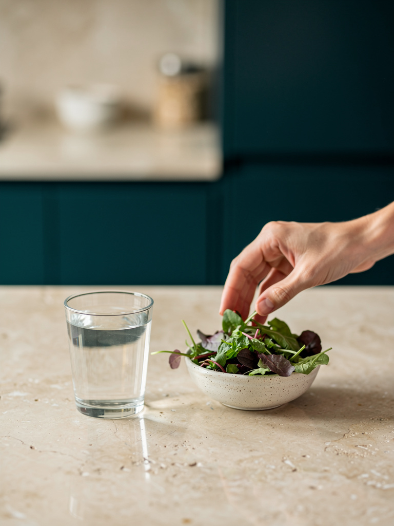 A calm modern kitchen morning in soft daylight, with a glass of water and a small bowl of fresh greens on a bone stone counter and a hand reaching gently, with a deep teal accent.