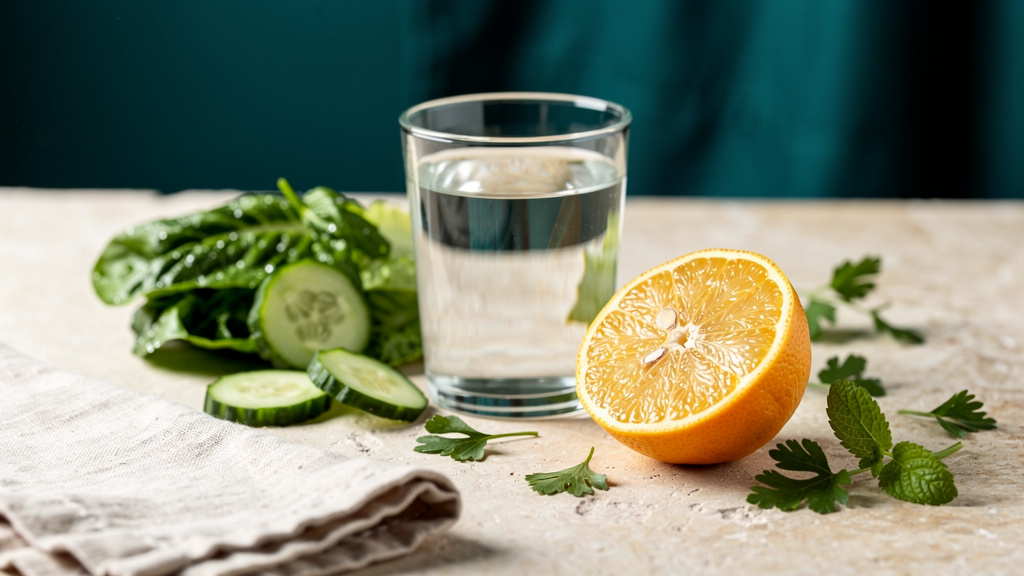 A fresh, clean composition of green vegetables, citrus, herbs and a glass of water on a bone stone surface in bright soft daylight, with a deep teal accent.