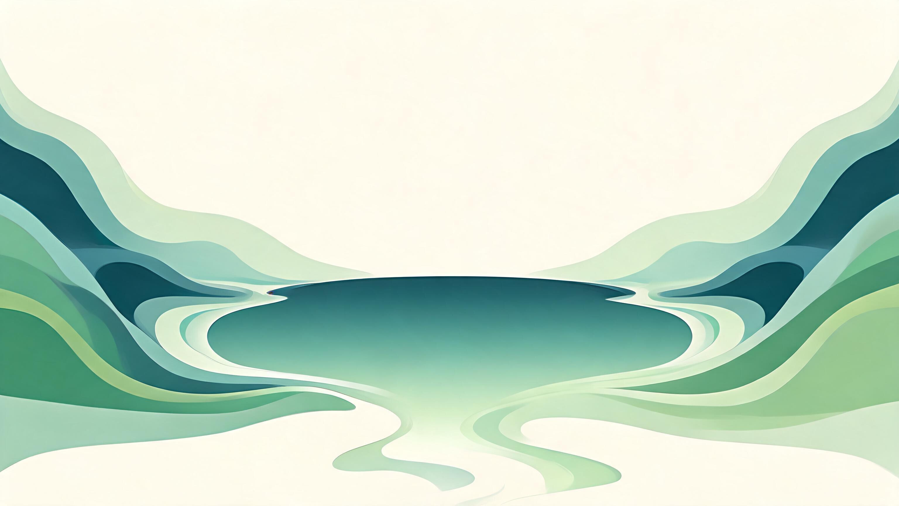 Soft flowing currents of teal and matcha on a bone-colored field converging into a single broad reservoir at the center.