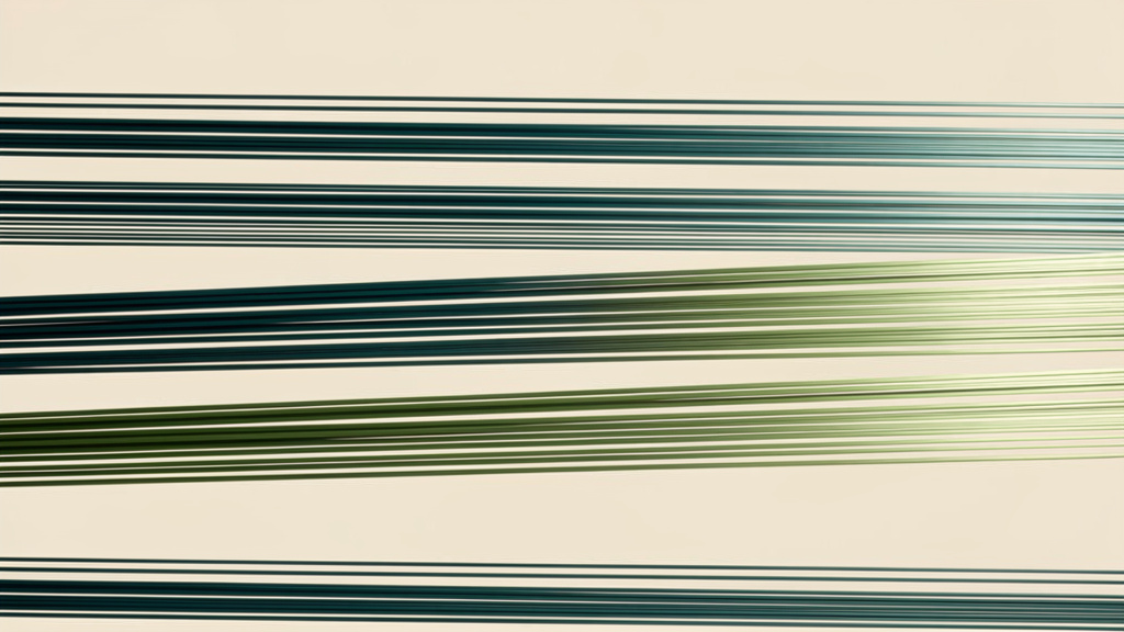 An abstract bone-colored field crossed by fine parallel deep-teal filaments drawn taut, a few brightening to luminous matcha, suggesting bundled muscle fibers held under quiet tension.