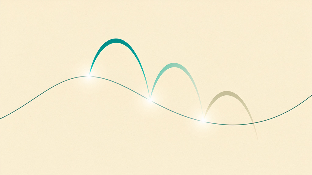 A single wavering line crosses the frame, and three glowing points sitting at different depths along it each send a thin arc rising back upward to a different height, the shallowest point rising highest and brightest and the deepest point rising least and dimmest: how far into rest you go changes how strong the rebound is on the way back out.