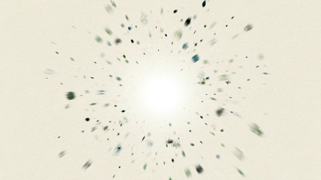 Many small scattered matcha and teal marks across a warm bone field gathering into one luminous whole, the many tiny movements of a day adding up.