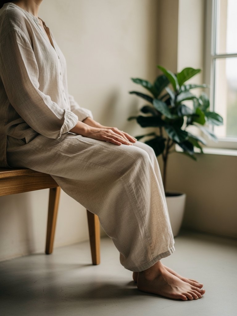 A person resting calmly after movement by a window in soft natural light, seated on a low wooden bench in a warm bone-colored room with a green plant.