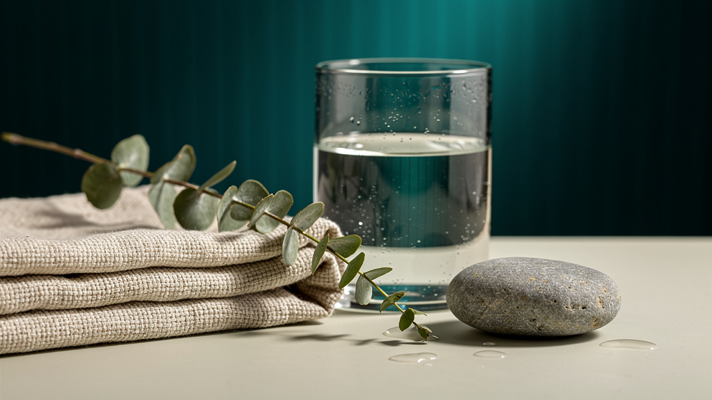 A serene recovery still life on a bone surface in soft daylight, with a folded linen towel, a smooth stone, a glass of water and a sprig of eucalyptus against a deep teal panel.