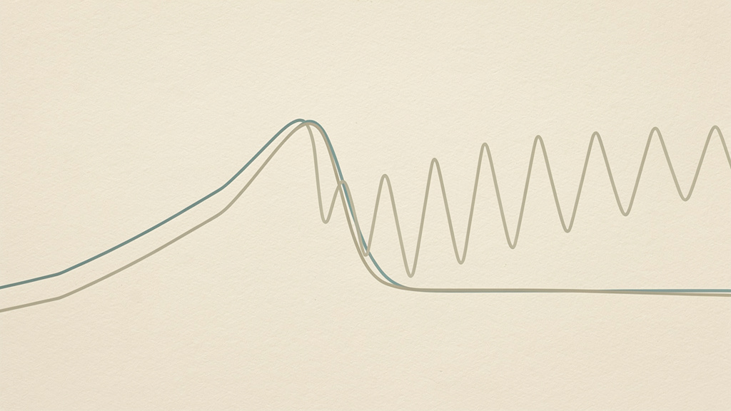 Two lines drifting apart on a chart, one sloping downward early and settling low while the other keeps swinging in tall zigzags for much longer: progesterone declines years before estrogen's erratic swings finally settle.