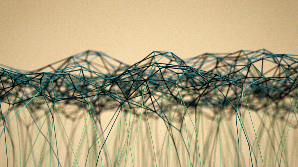 Fine, soft matcha-green strands rising from a sparse base and interweaving into a denser, structured deep-teal lattice toward the top of a warm bone field, an abstract image of living tissue built up slowly over time.