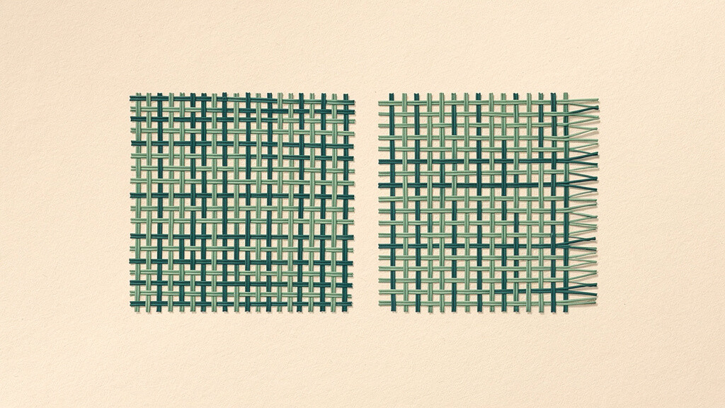 A dense, evenly woven lattice of matcha green and deep teal set beside a looser, thinner weave of the same pattern, more strands gathered on one side to hold the same shape, an abstract image of the body asking for more input to keep what it had.