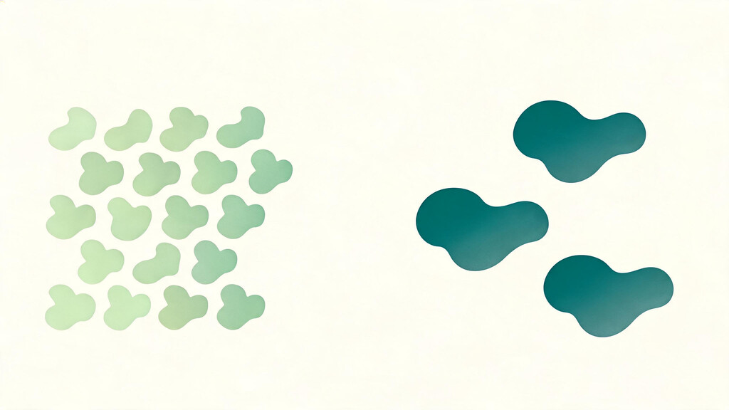 An abstract bone field showing two cadences side by side, many closely spaced pale matcha pulses on one side and fewer, wider, fuller deep teal pulses on the other, the same work done in fewer, stronger beats.