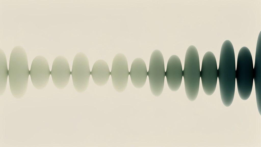 A calm, evenly spaced cadence of soft matcha-green pulses drifting across a pale bone field and deepening into deep teal toward one side, an abstract image of a slow, steady resting idle.