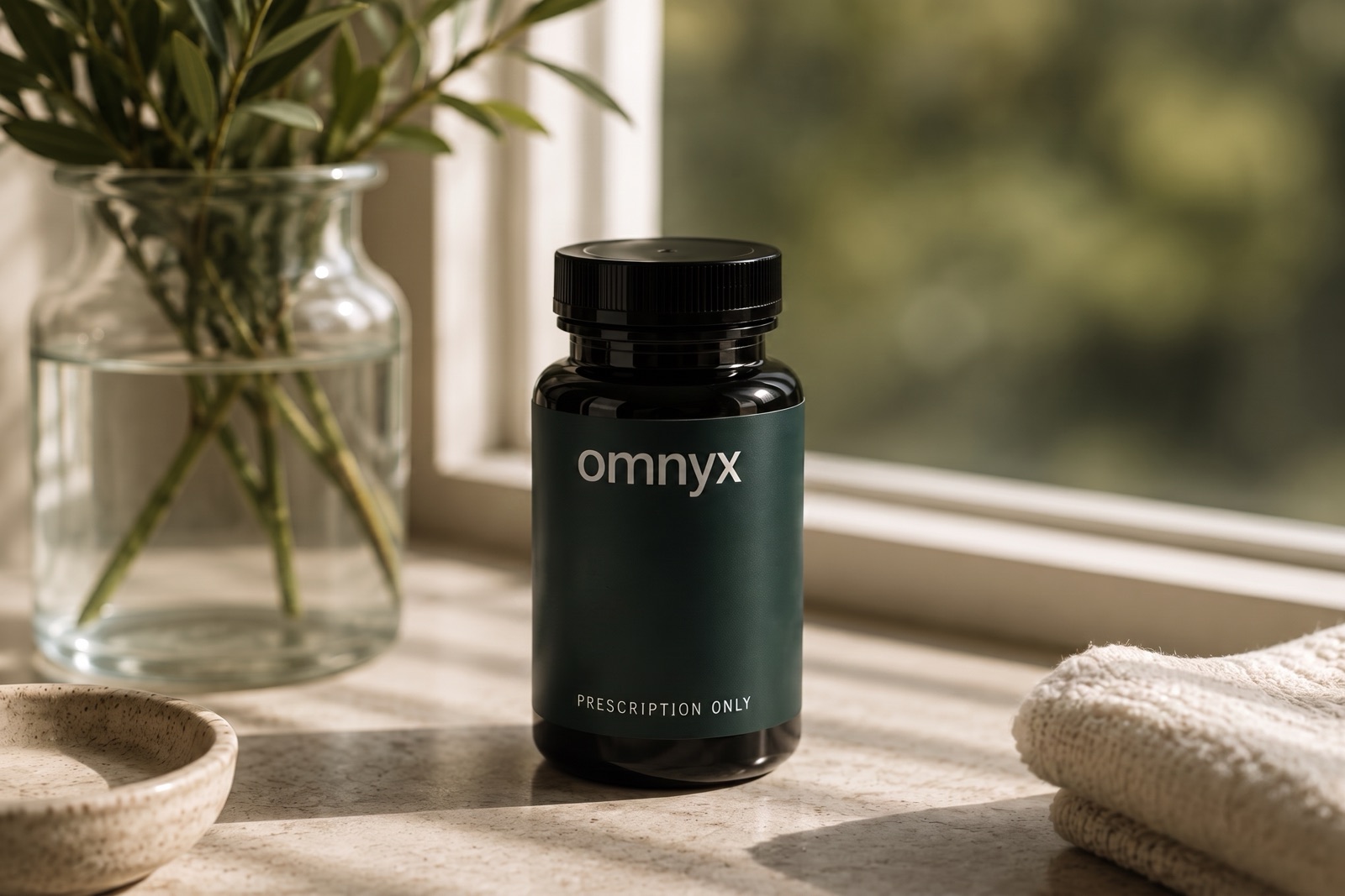 An omnyx prescription bottle on a bright windowsill beside a vase of olive branches.