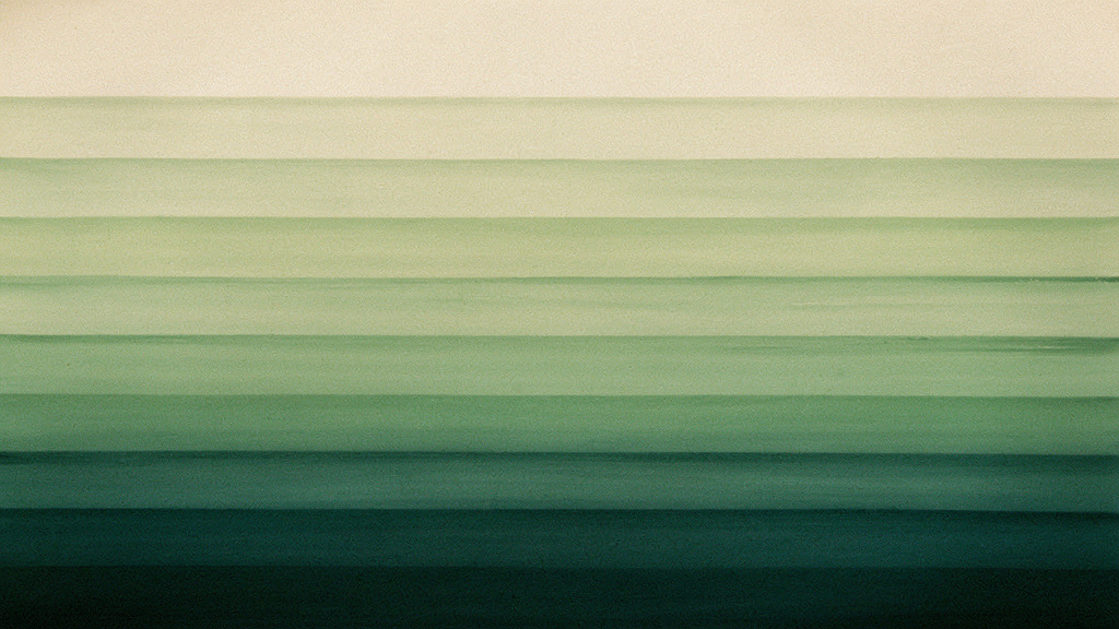 A calm, evenly spaced repeating cadence of soft matcha bands on a bone field settling into deep teal, suggesting regularity as a steady rhythm held night after night.