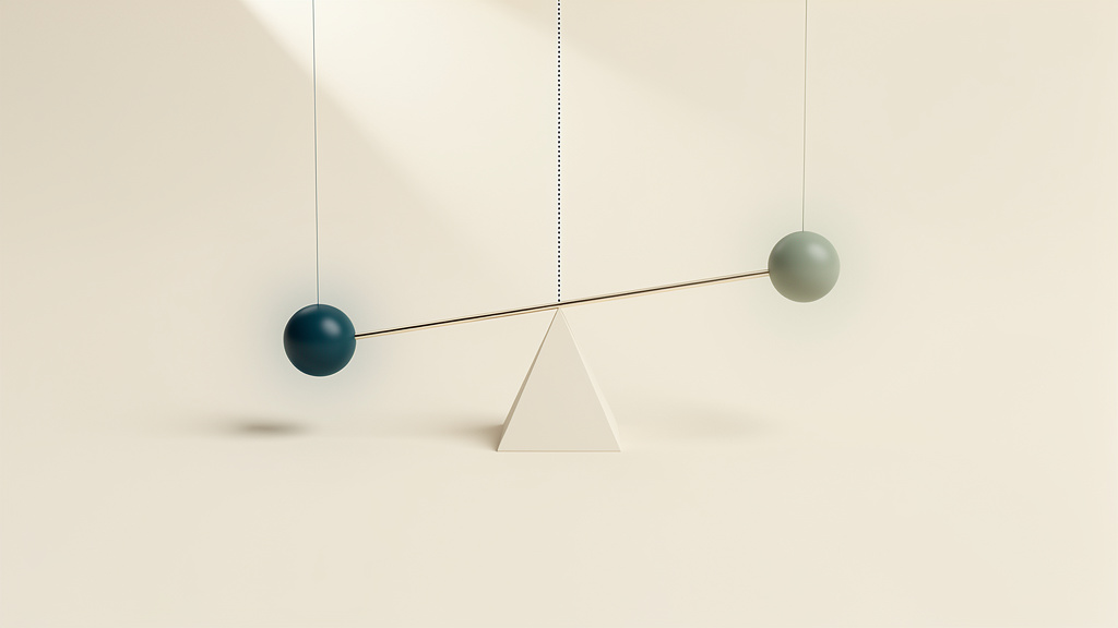 A thin beam balances on a single fulcrum with a glowing sphere hanging from each end, tilting slightly off level rather than sitting perfectly centered, showing how two readings are judged by their balance rather than by either one alone.