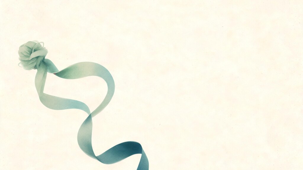 A warm bone field where a single soft knot of sage slowly loosens and unwinds into a long, easy teal ribbon, resting off to one side in open space rather than at the center of the frame. A calm image of loosening that has found its own quiet place, set apart from the effort. Flexibility work still pays off; its place is after the session or on its own, not in front of the effort.