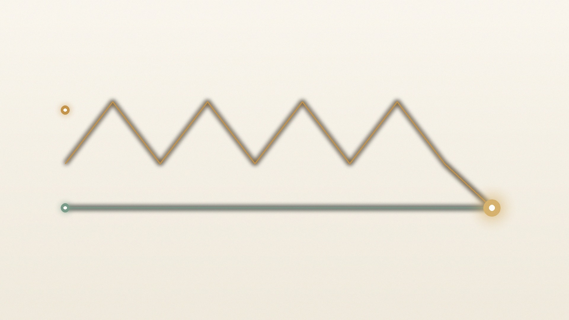 A jagged line of sharp peaks and valleys and a smooth flat line both travel across the frame and arrive at the same single bright point: two very differently shaped efforts reaching a similar destination.
