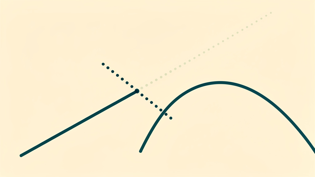 A steeply climbing line is crossed by a short trail of dots partway up and immediately bends into a lower, gentler curve, while a faint straight line keeps climbing on its own to show the much higher peak the curve would have reached without that interruption.