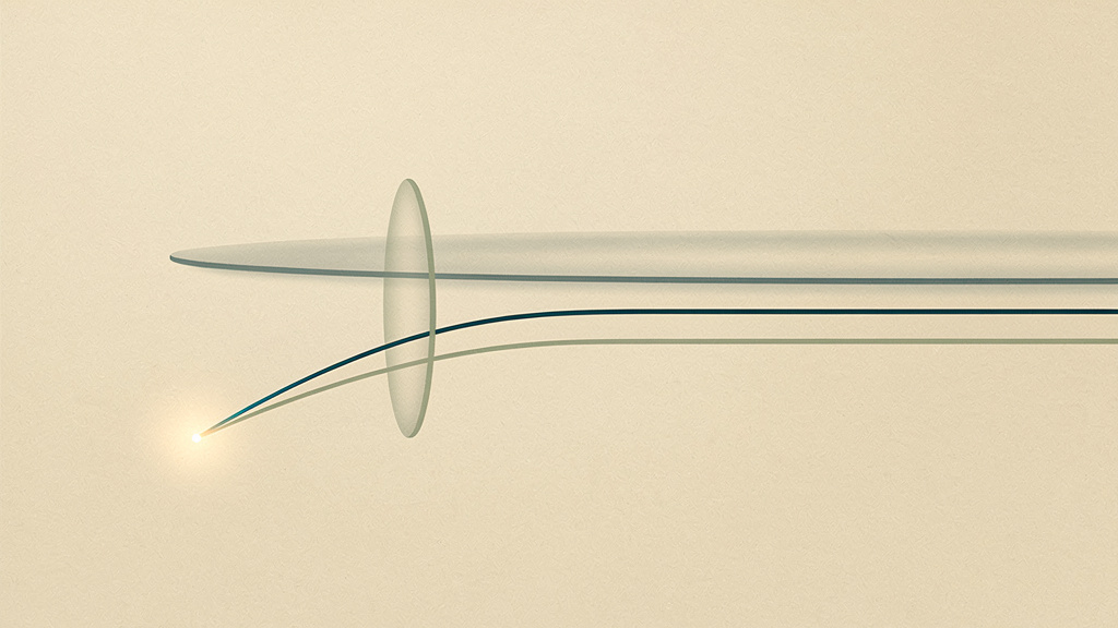 Two lines leave the same glowing point, one passing through a ring that widens around it while the other continues in the open beneath, showing how an identical starting reading can mean two different things depending on what surrounds it.